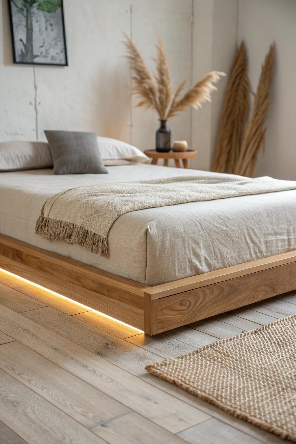 Live-edge bed skirt with hidden warm LEDs for a cozy floating look—rustic meets modern.