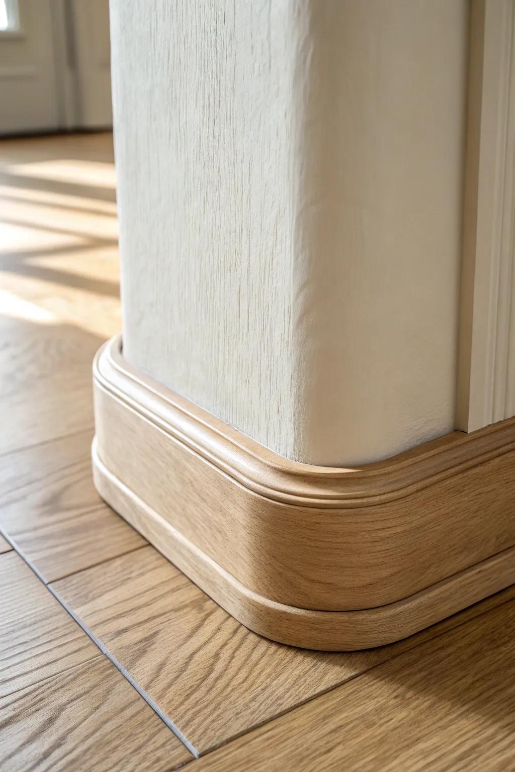 Curved base trim that hugs rounded walls—minimal, warm oak tones, and a truly custom look.