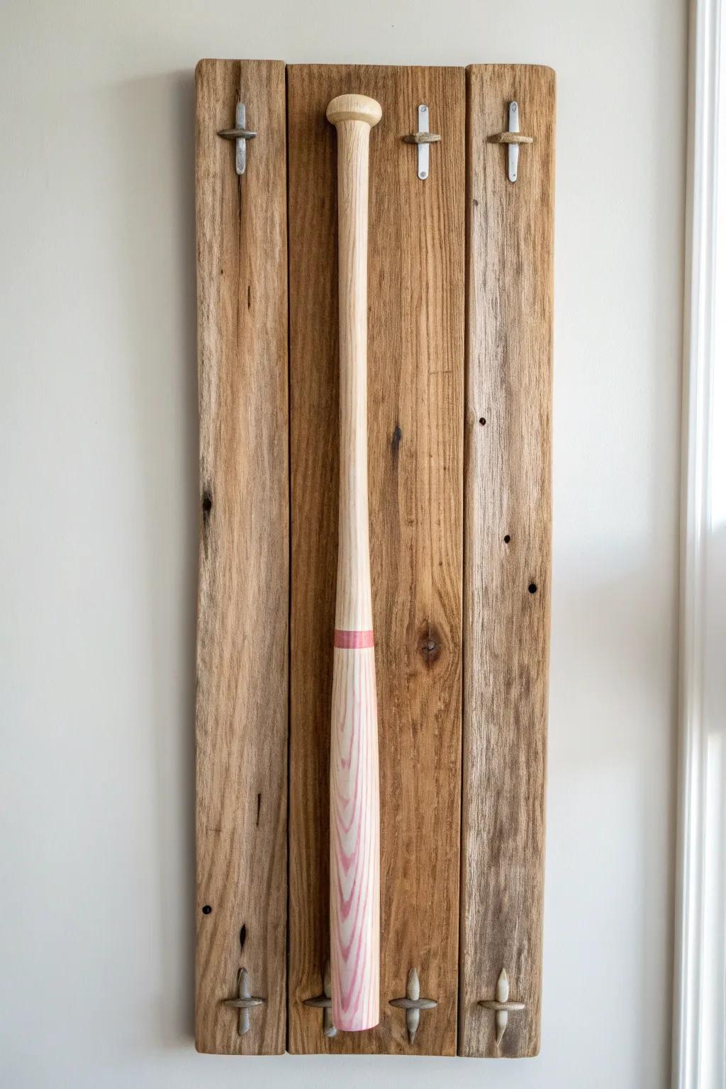 Reclaimed wood + a glossy resin stripe turns a simple bat mount into a modern showpiece.