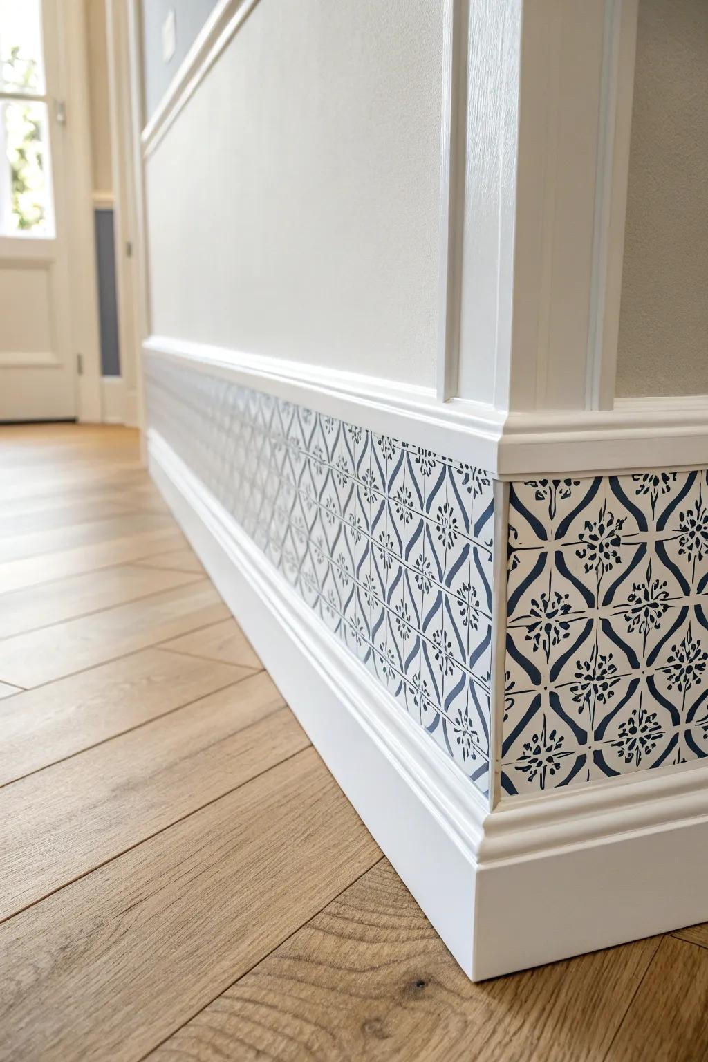 Stenciled baseboards create a bold mini “border wallpaper” look—custom, artsy, and clean.