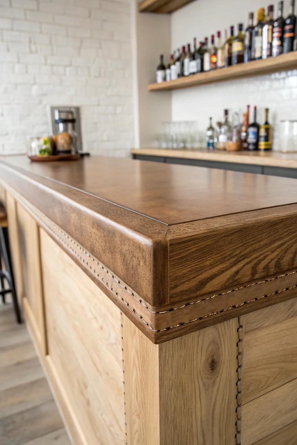 Cognac leather-wrapped edging gives a minimalist oak basement bar top a cozy, club-like feel.