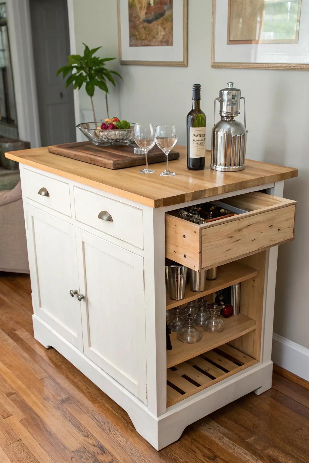 Upcycled dresser island bar with butcher-block top—warm wood, hidden storage, big style.