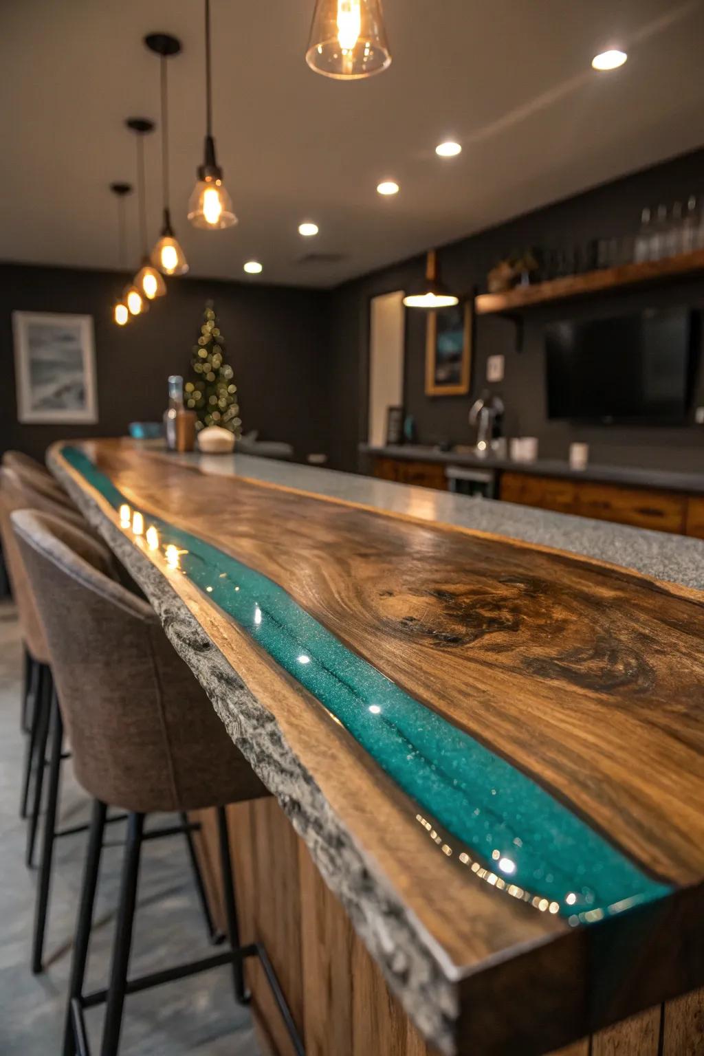 Glow resin river bar top on reclaimed wood—Scandi minimal, moody, handmade glow at night.