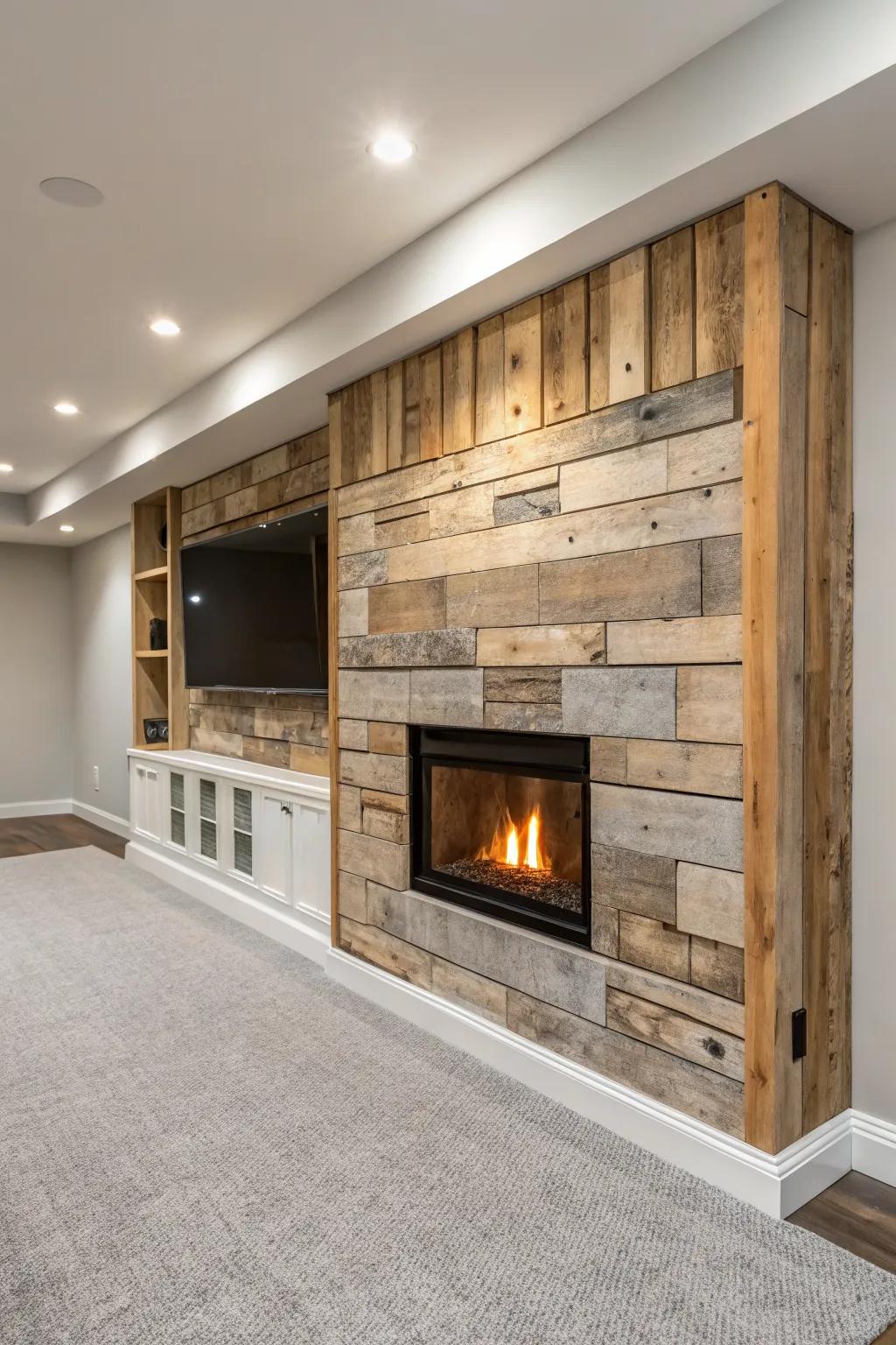 Reclaimed wood mosaic + amber backlight turns a basement TV wall into a cozy fireplace focal point.