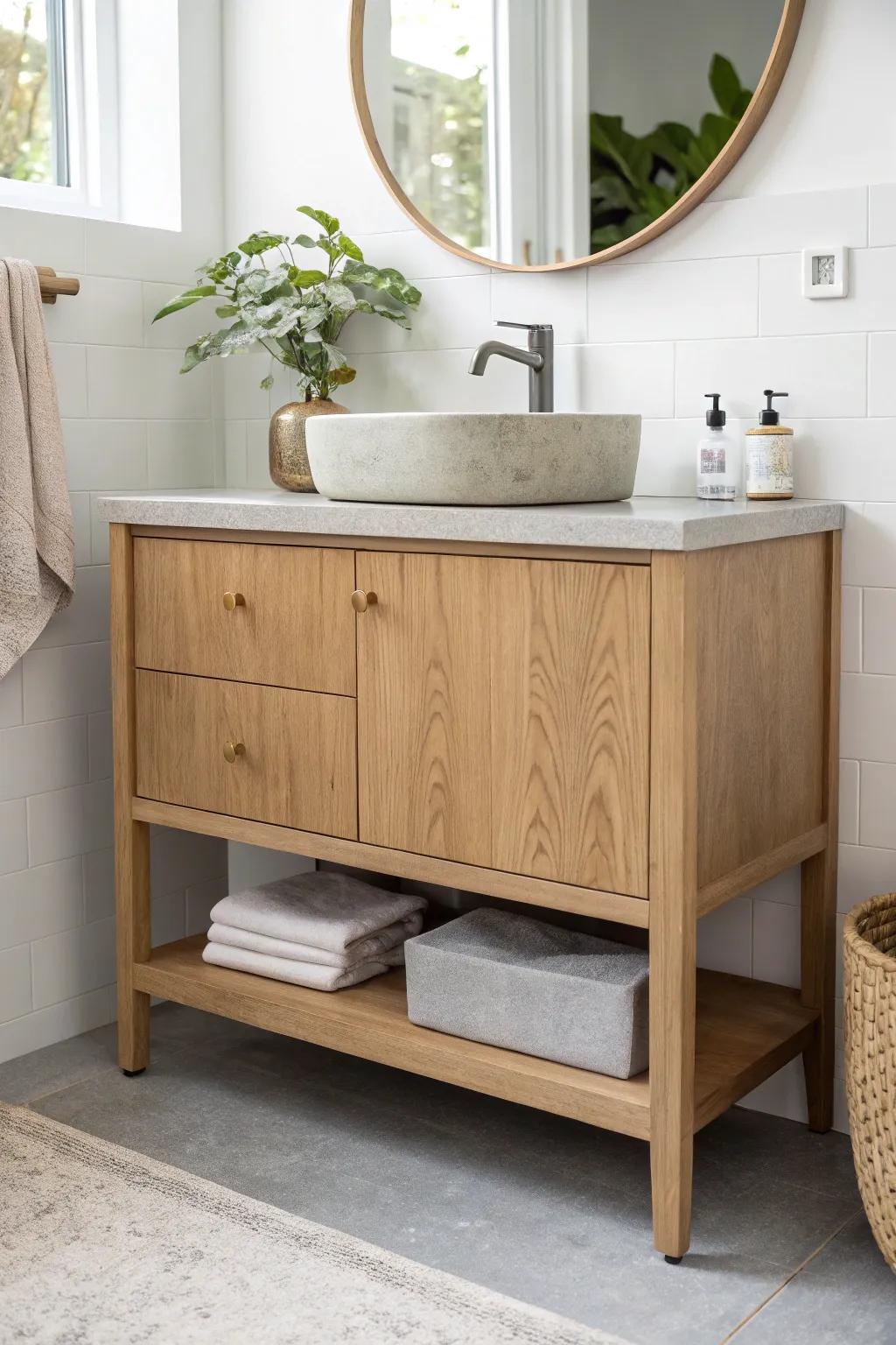 Light oak meets concrete: a modern bathroom island that feels warm, architectural, and serene.