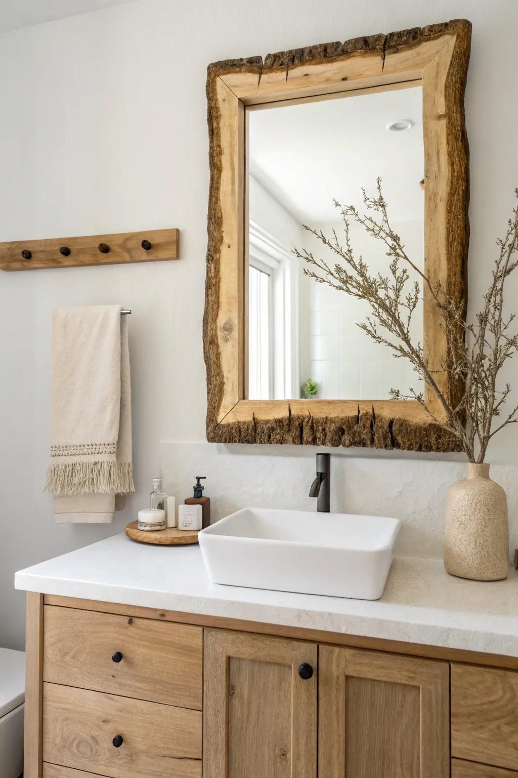 Live-edge slab sides add an organic, handcrafted softness to a clean bathroom mirror.
