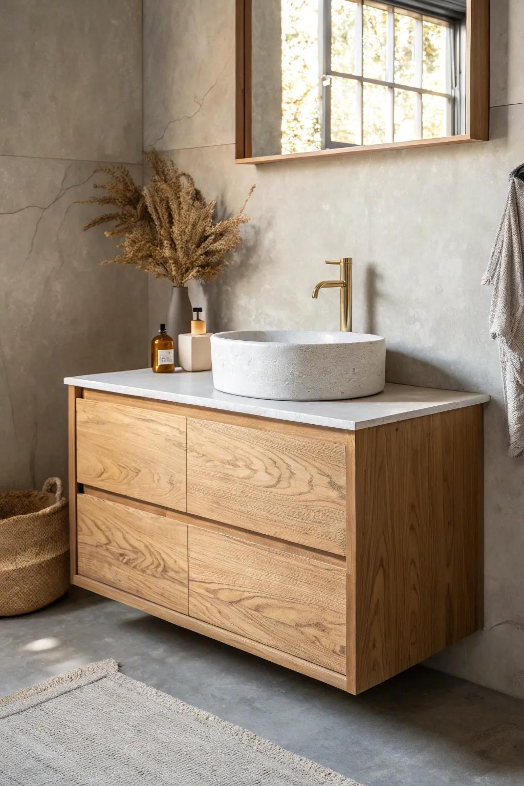 Warm oak vanity against a greige microcement wall—minimal, spa-like, and beautifully crafted.
