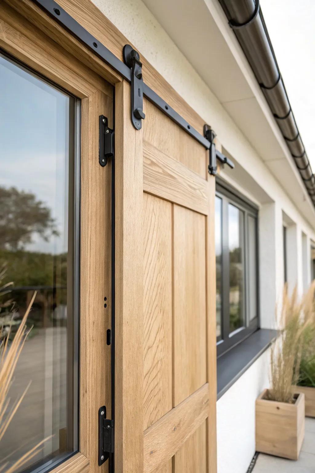 A sleek sliding track shutter turns wide bay windows into a warm, minimalist design feature.