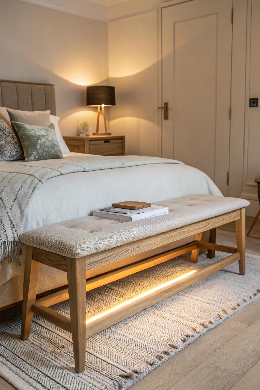 Warm under-bench lighting makes this oak bench feel like it’s floating—cozy, modern, magical.