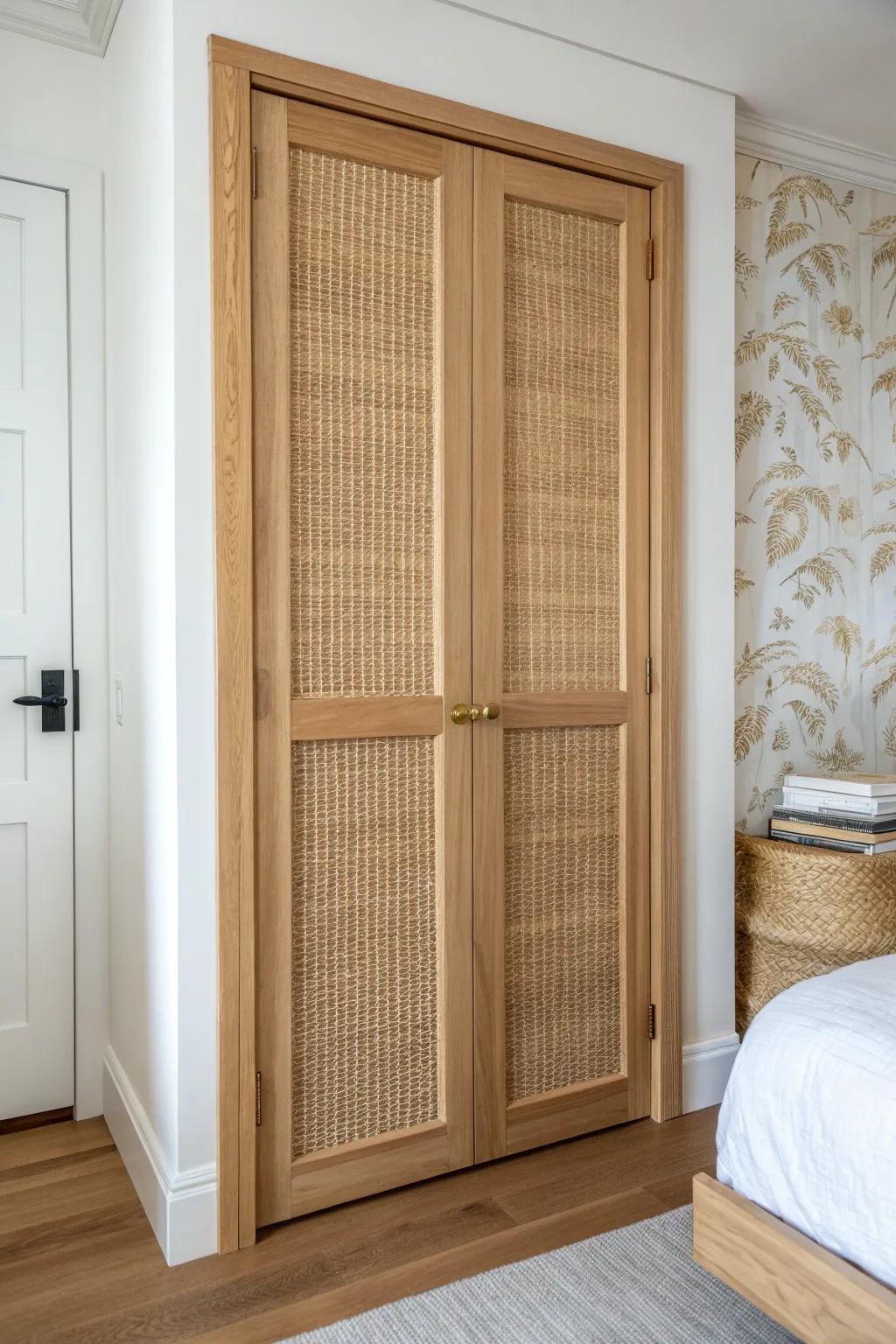 Warm minimalist closet door with cane webbing—light, airy texture that hides clutter.