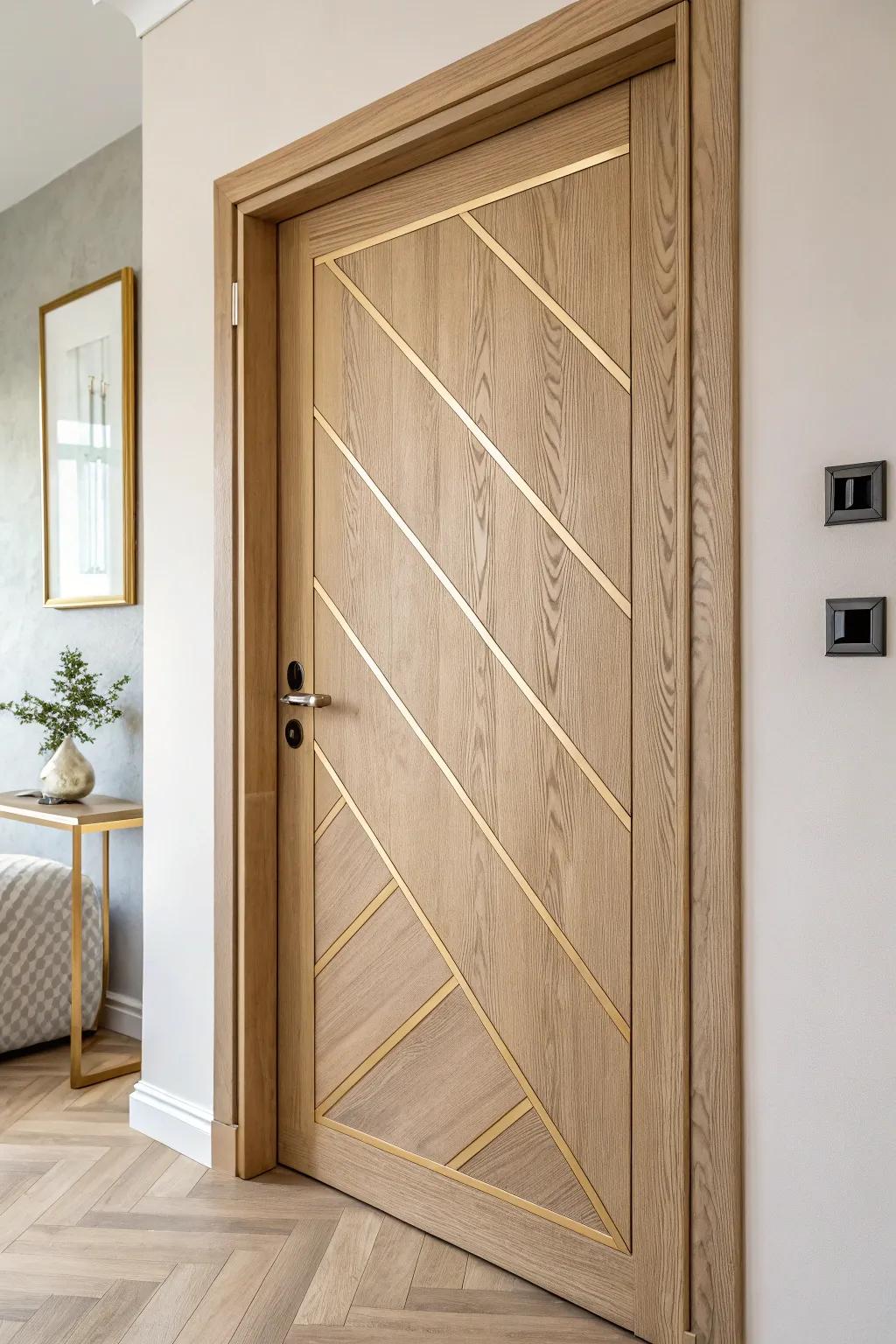 Slim brass inlay strips turn a simple oak bedroom door into a clean, designer statement.