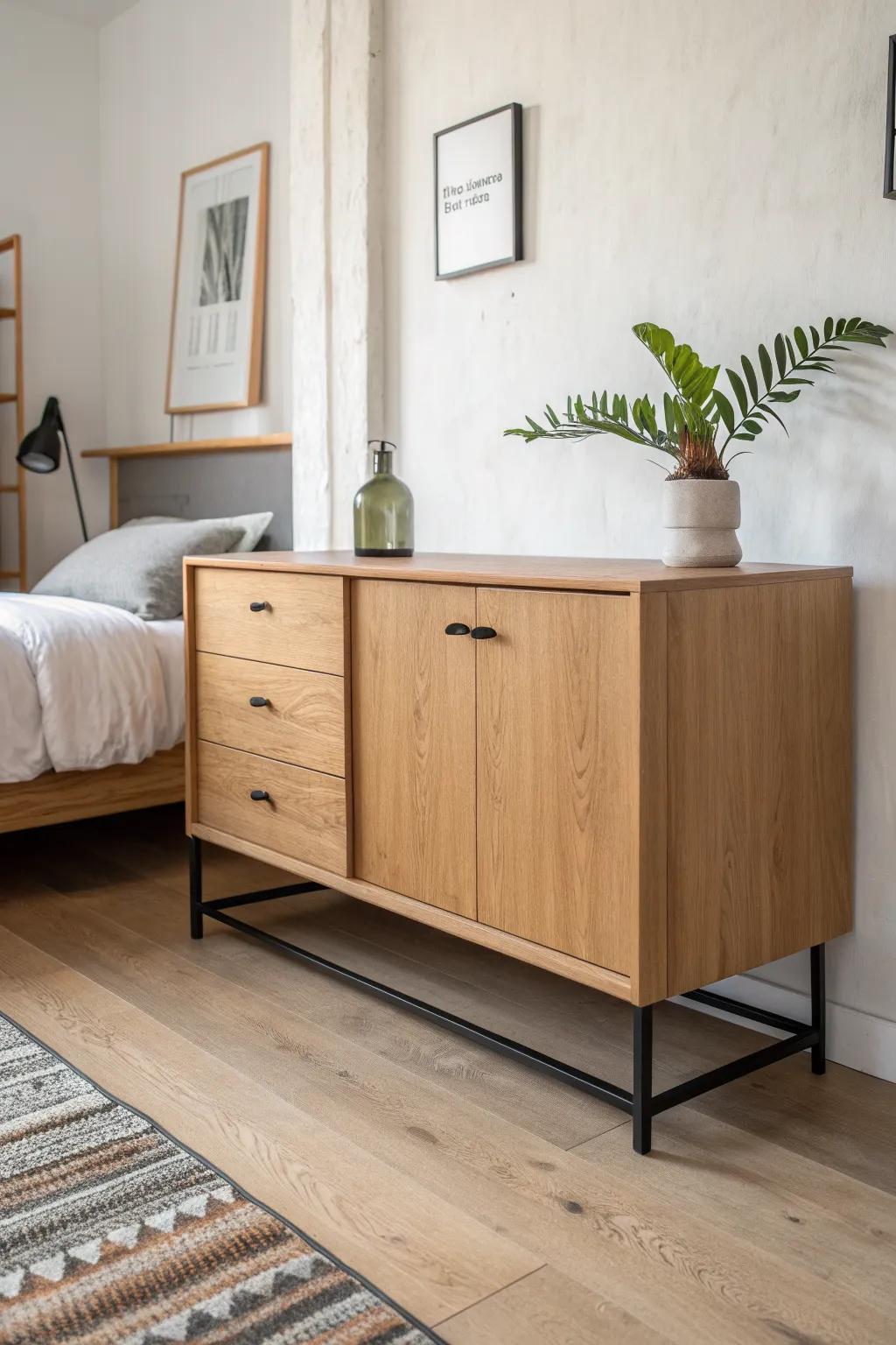 Warm oak with slim black steel straps—an industrial edge that stays soft in a serene bedroom.