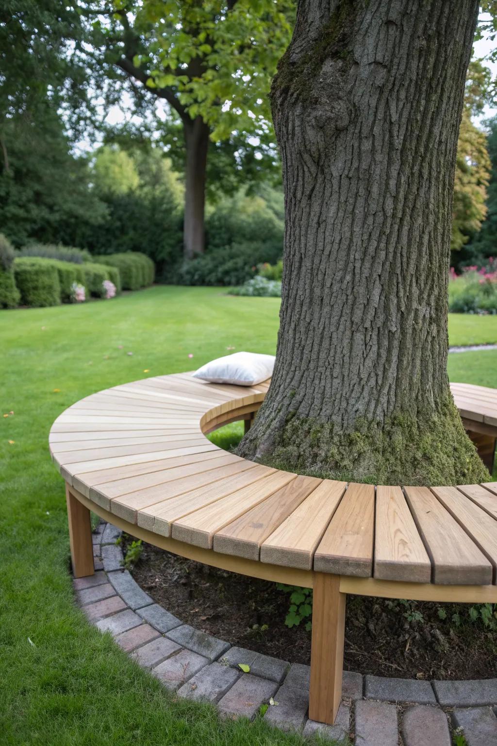 A circular bench around a tree—crafted for a wow moment, with space for the trunk to grow.