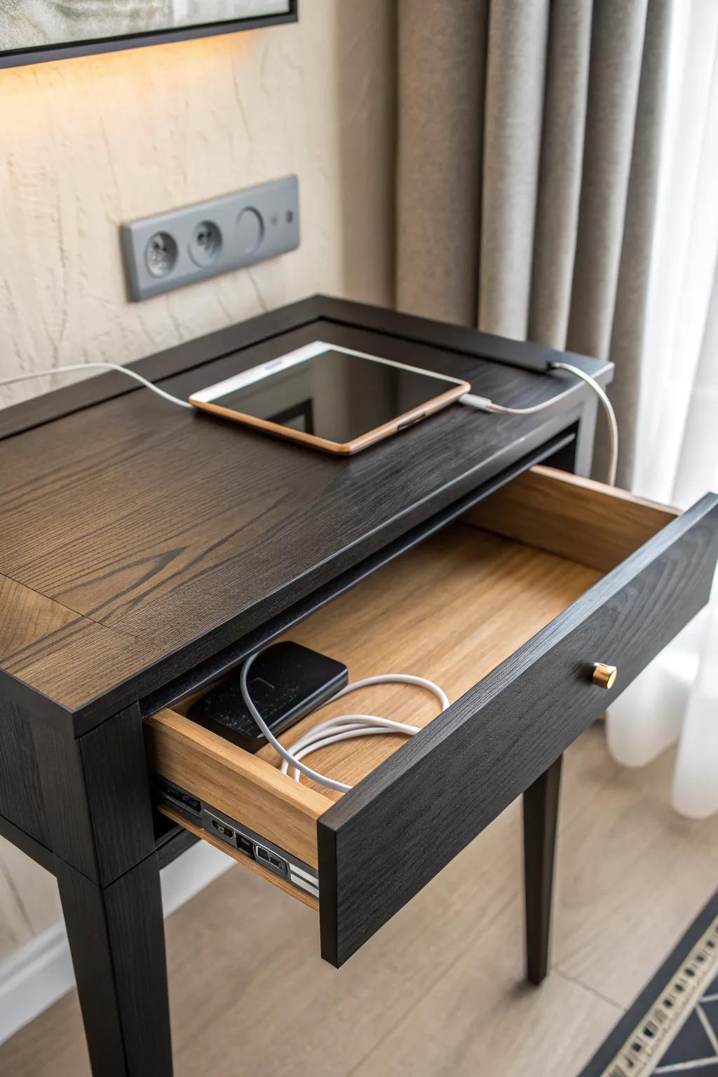 A matte black desk with a secret drawer + charging pocket—instant calm, zero cable clutter.