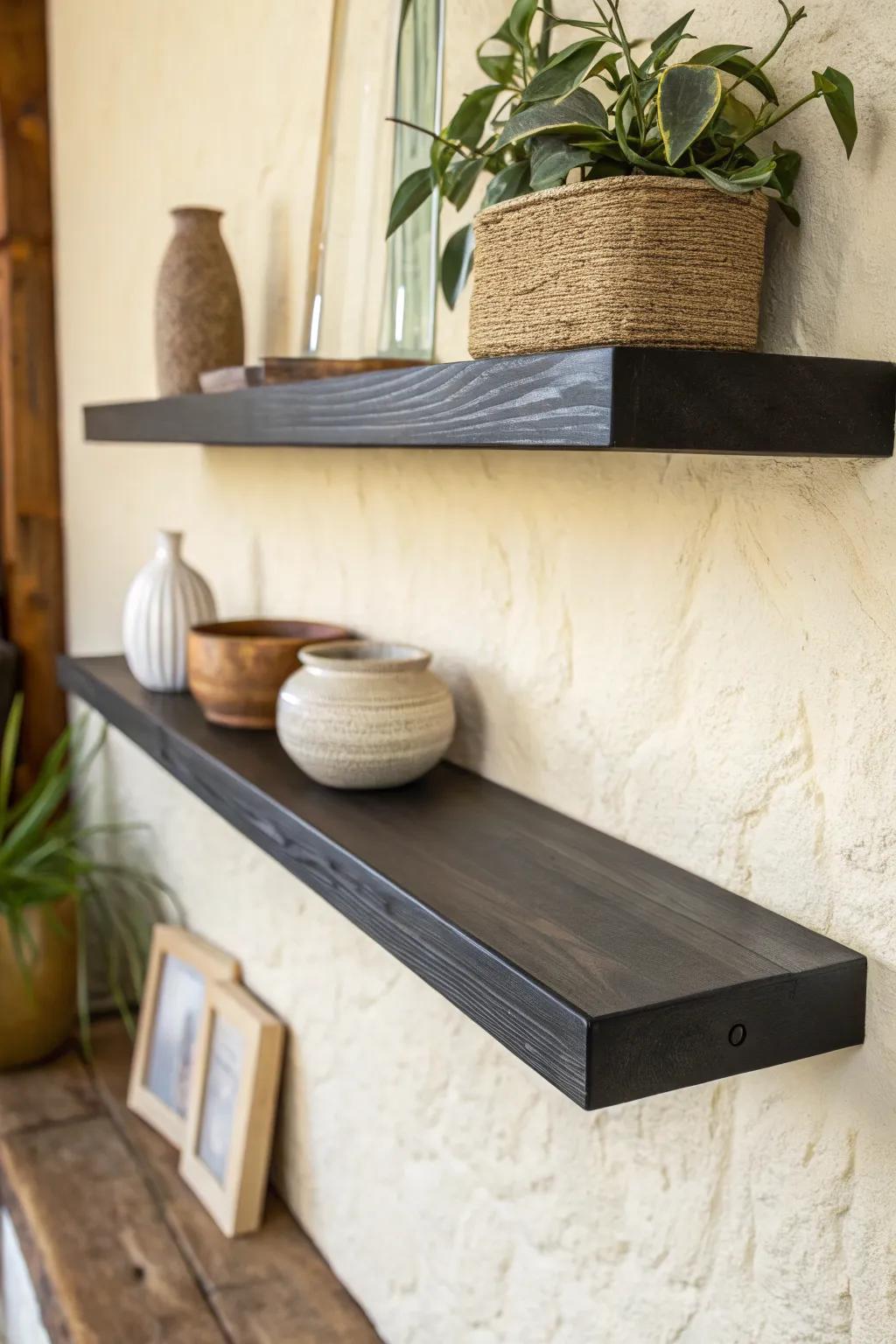 A sleek black floating shelf with a subtle resin “river” inlay that glows in soft light.