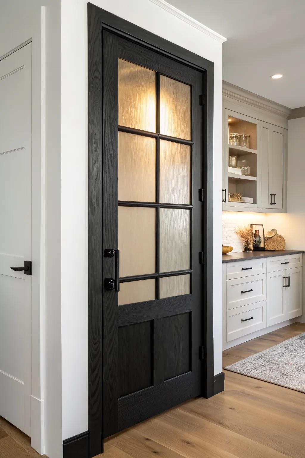 A black pantry door with frosted glass—backlit to glow softly and elevate the whole kitchen.