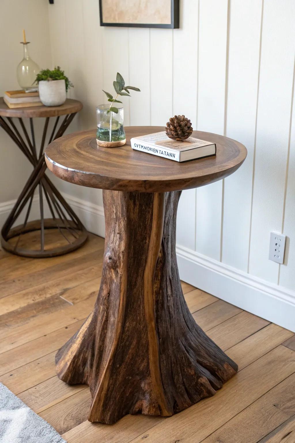 A sculptural black walnut stump table—polished top, wild root base, pure forest-meets-minimal.