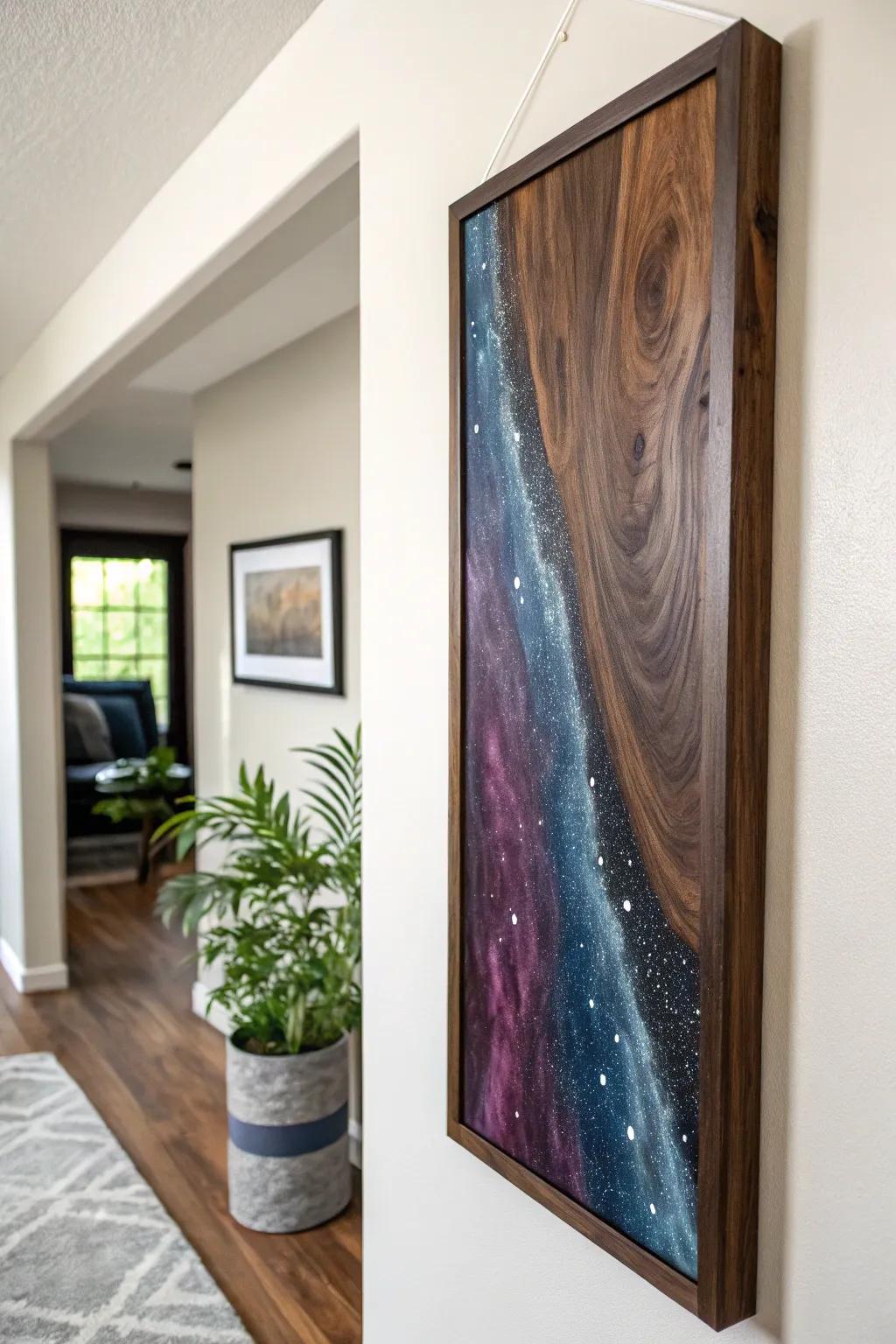 Black walnut meets a midnight epoxy “galaxy”—a bold wall panel with artisan-crafted glow.