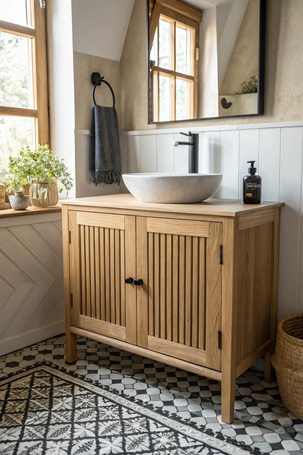 Boutique bathroom mood: bold black-and-white tiles grounded by a warm oak vanity.