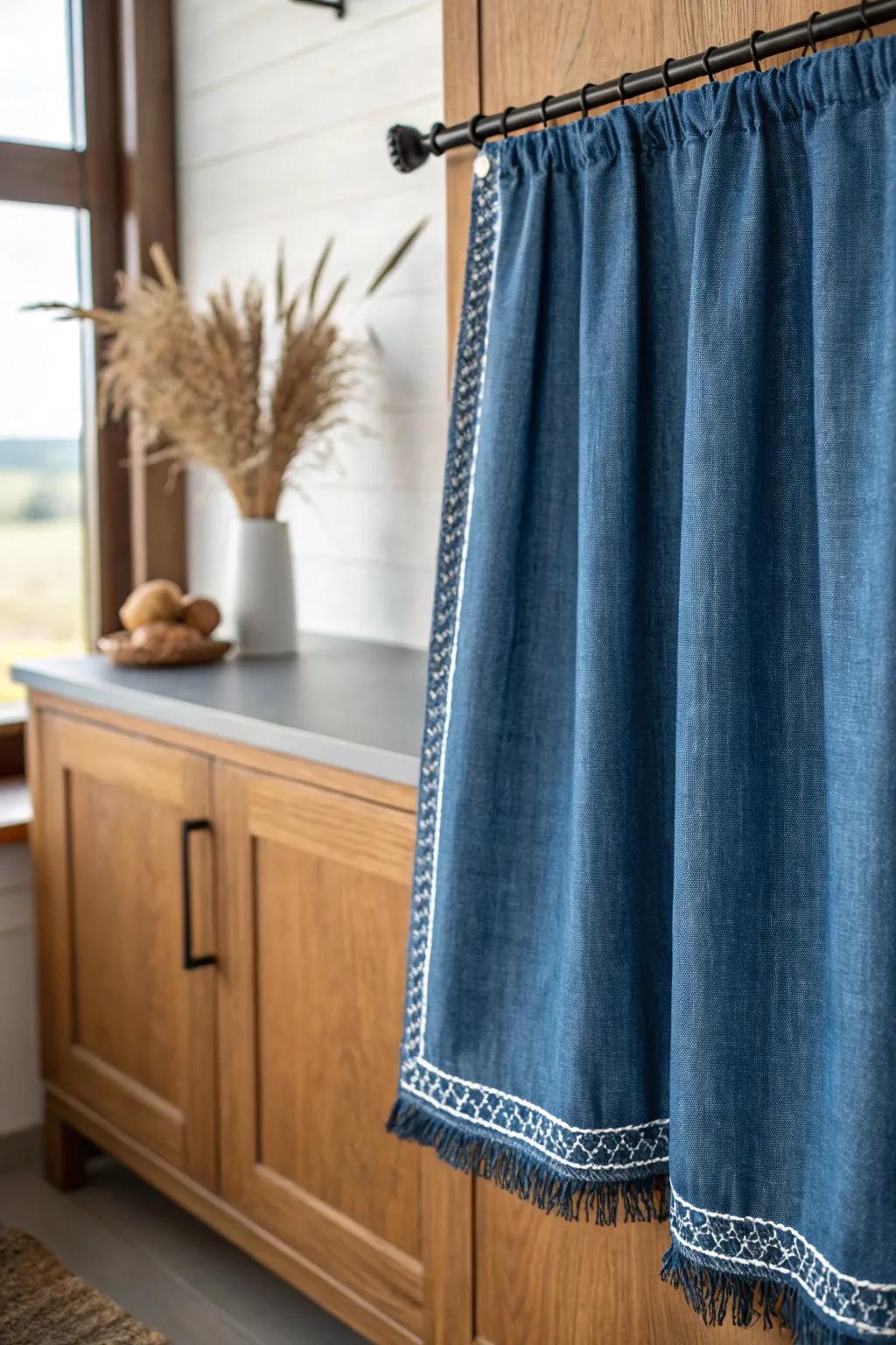 Denim-blue curtain panels bring cozy vintage charm to warm brown wood cabinets.