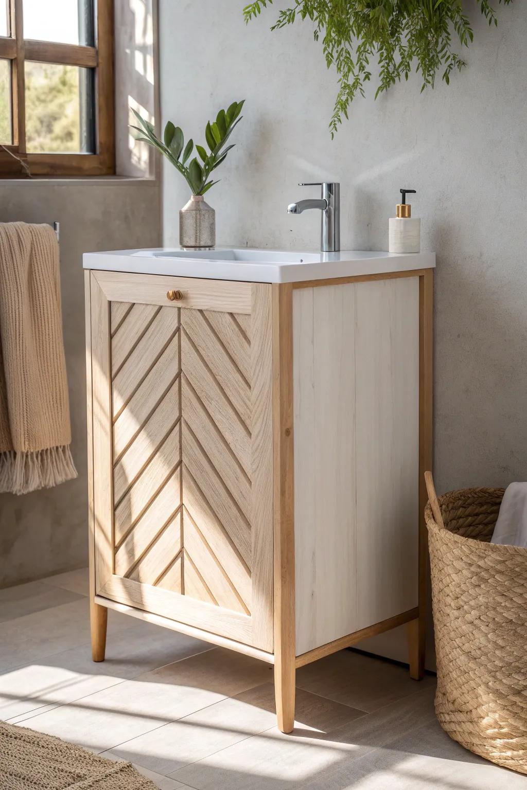 Diagonal diamond battens in warm oak—minimalist, boho-soft, and seriously guest-worthy.