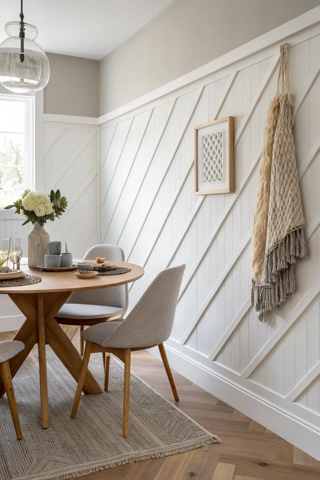 Diagonal board-and-batten adds custom carpentry energy and dynamic lines to a calm dining room.