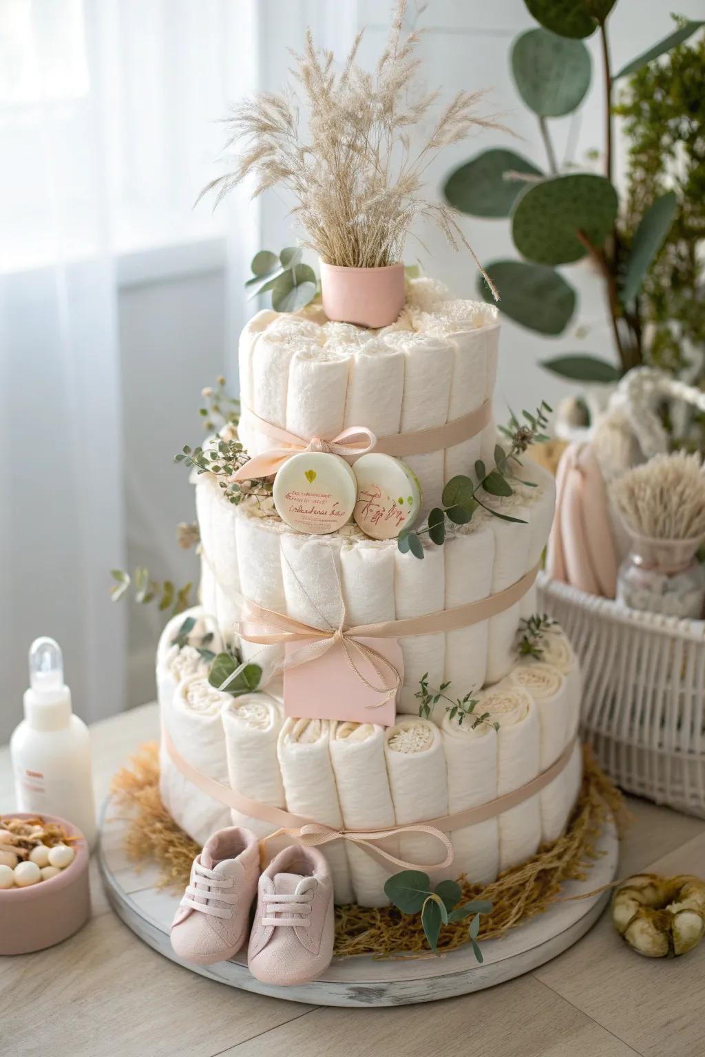 Discover the hidden treasures within our boho diaper cake - a perfect blend of elegance and practicality for new parents!