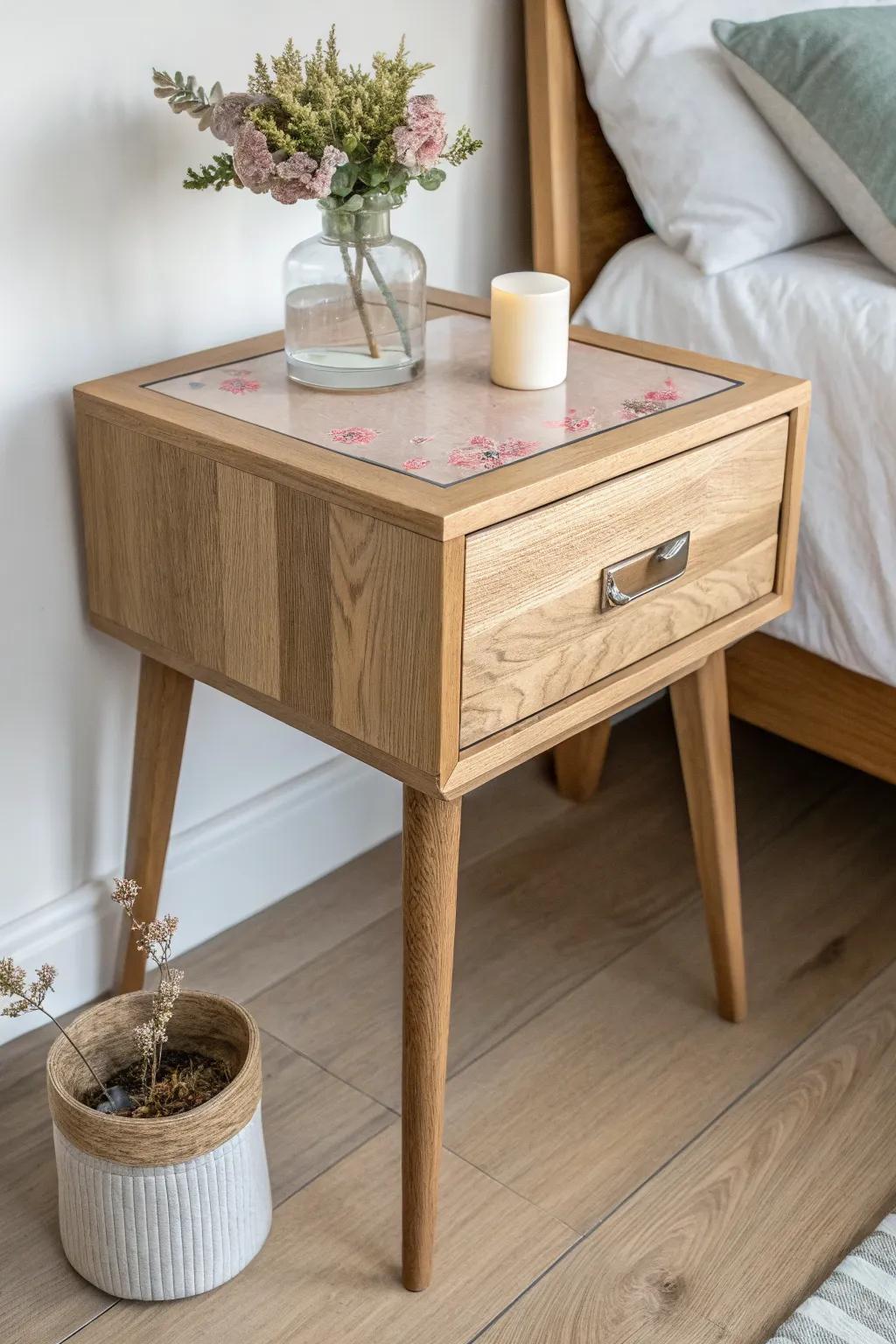 A clean oak nightstand with a botanical resin inlay—minimal, boho, and beautifully handcrafted.