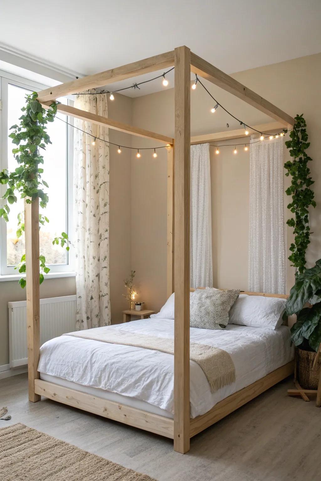 A simple wood canopy frame with vines and warm string lights for instant boho calm.