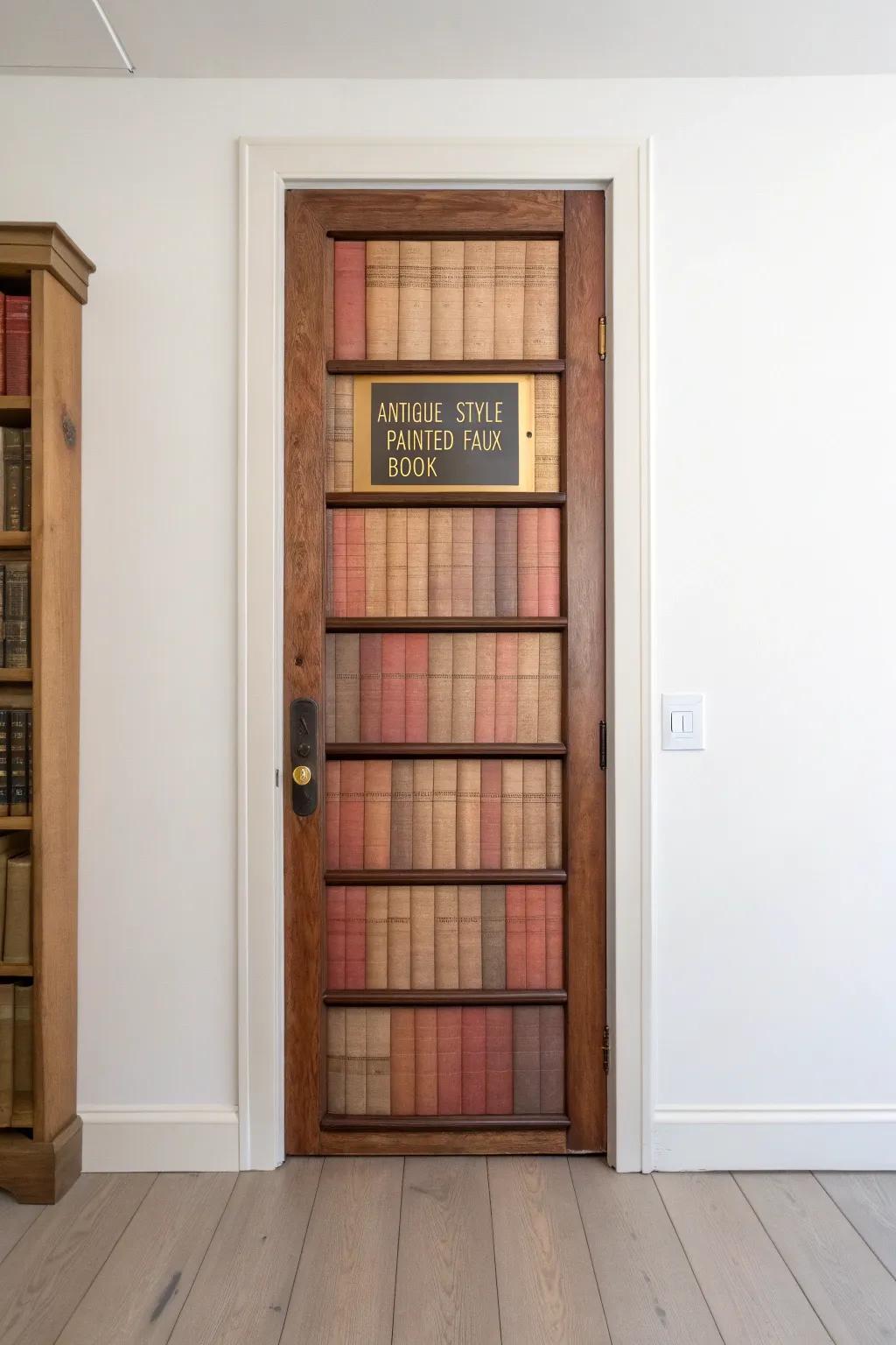 Cedar “Old Library” book door: warm wood grain, antique spines, and minimalist charm.