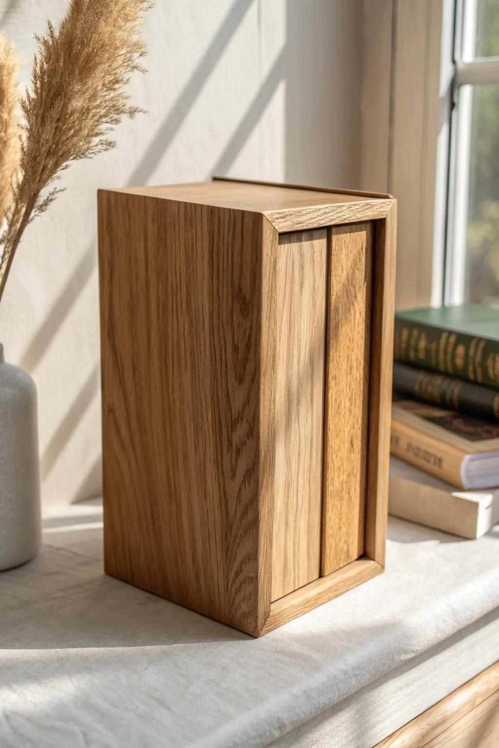 A minimalist oak bookend box with a hidden compartment—sleek, sturdy, and secret.