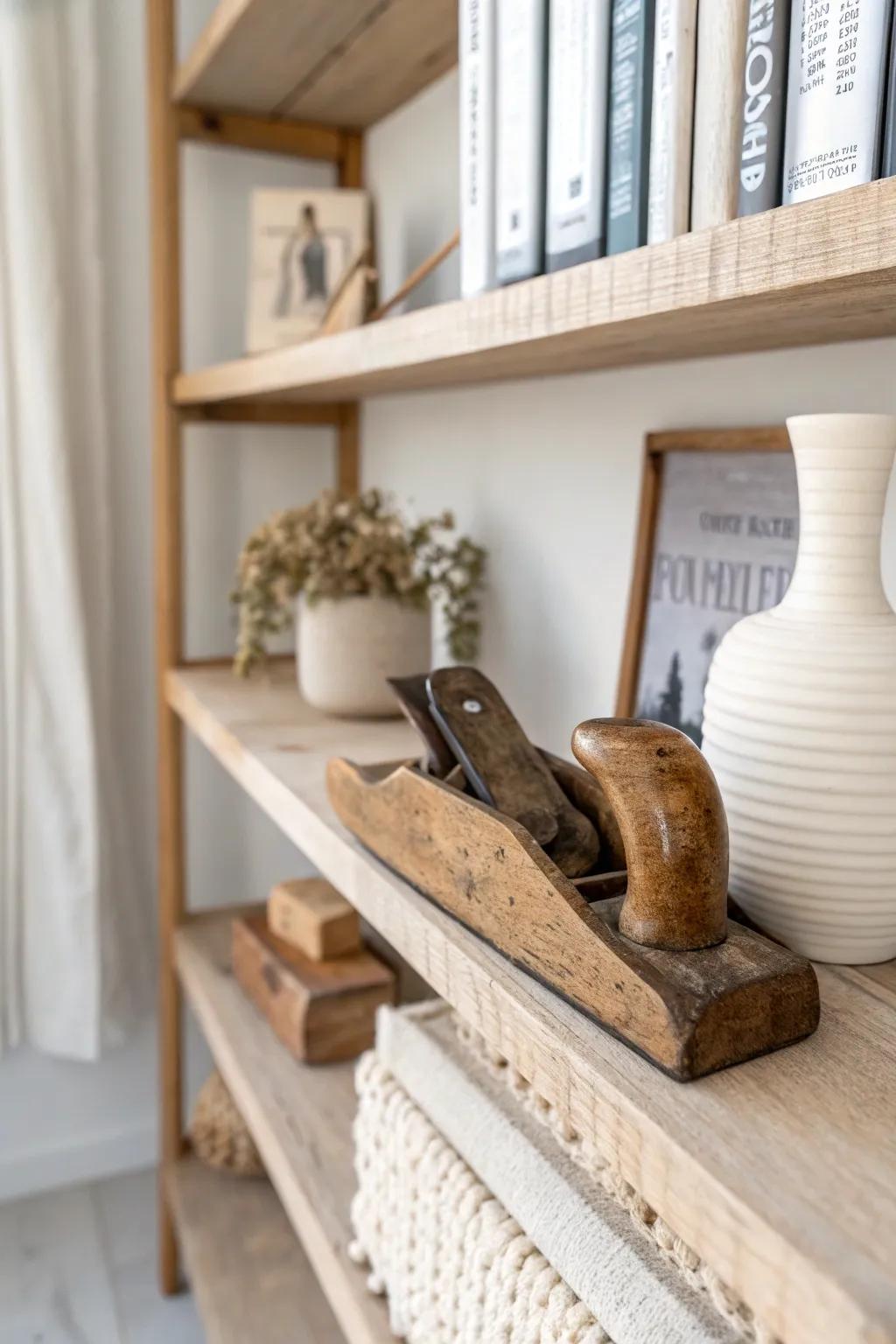 Style a vintage wooden hand plane on your bookcase—craftsmanship as quiet shelf art.