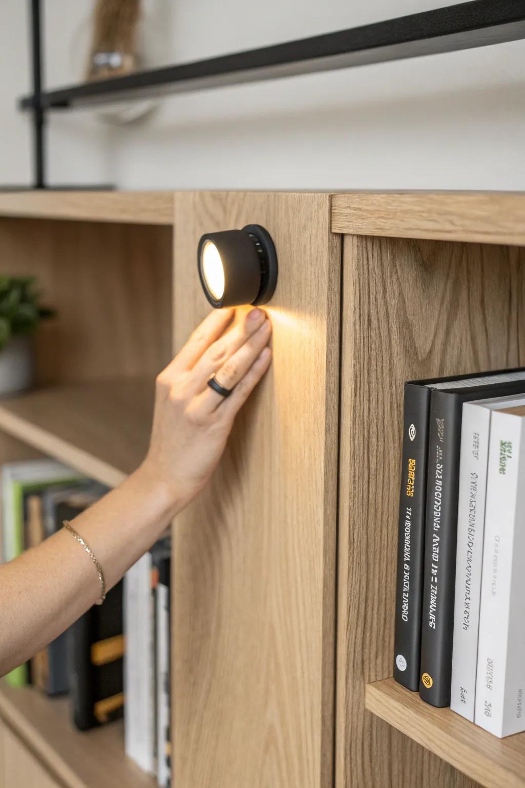 Magnetic puck light you can slide anywhere—warm, flexible bookcase glow for seasonal styling.