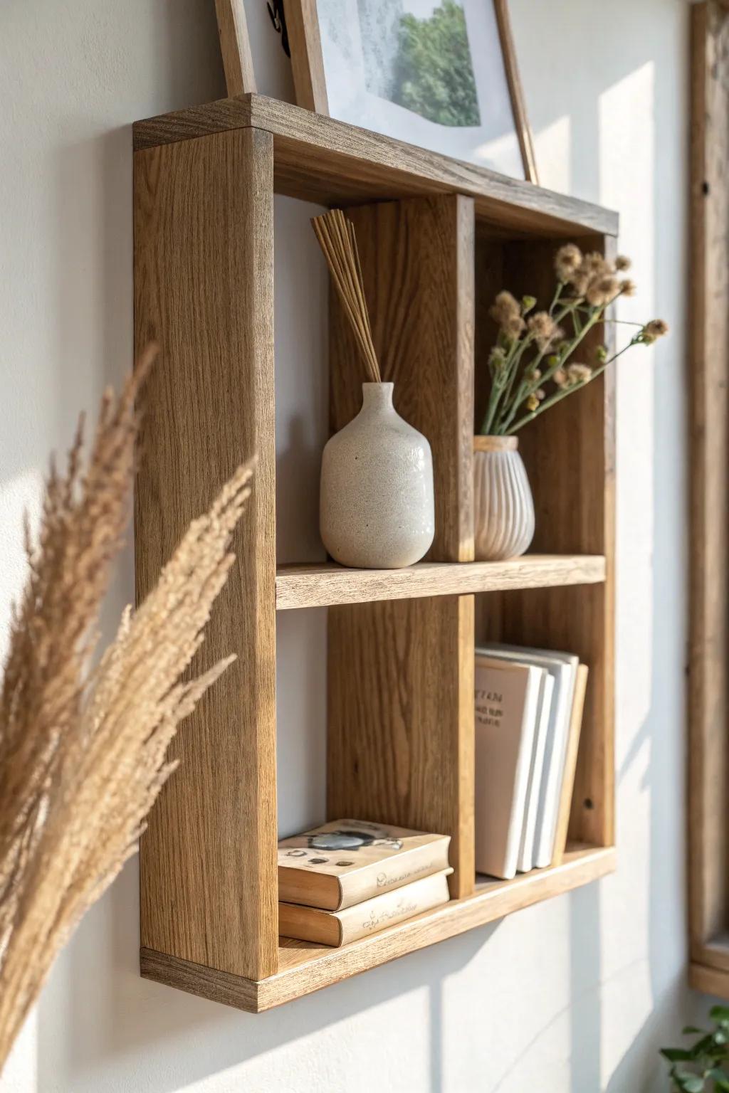 Turn one shelf into a tiny gallery: driftwood landscape, petite vase, and a single book.