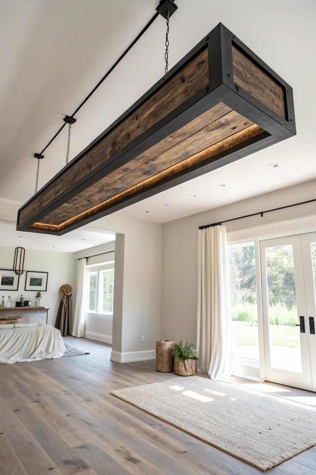 Lightly charred box beams add moody contrast while keeping a warm, modern handcrafted feel.
