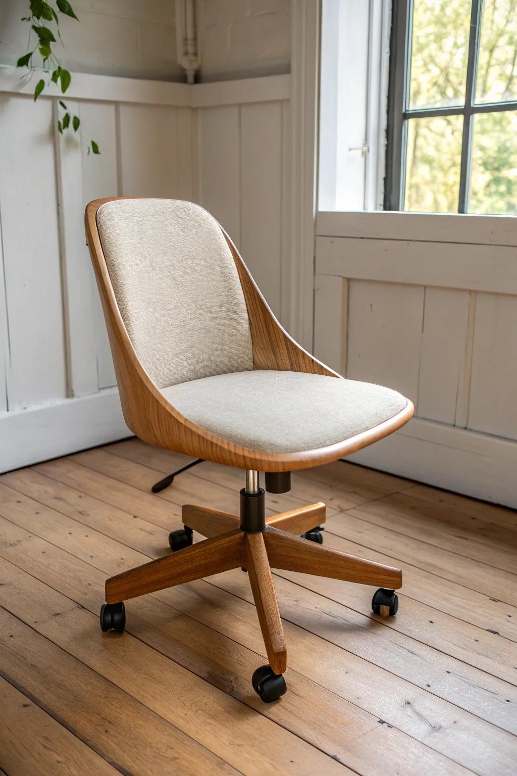 A handcrafted oak rolling chair—glides into quick huddles, stylish enough for any break room.