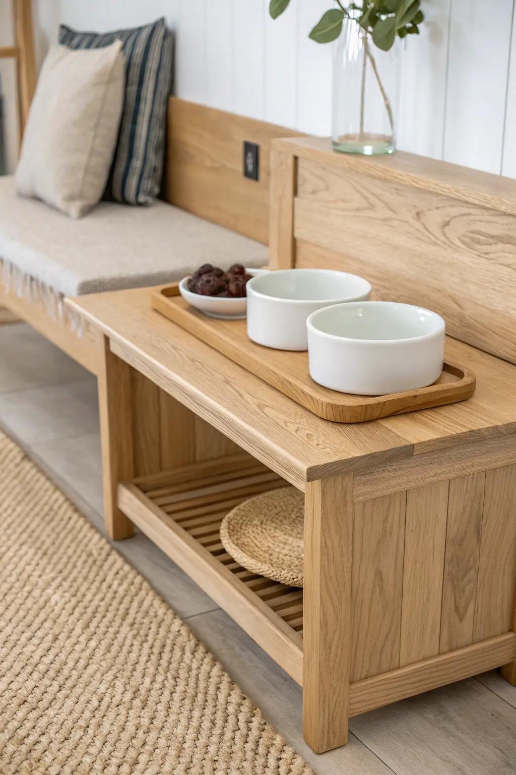 A nook bench end with a hidden pull‑out bowl shelf—pet-friendly, minimal, and beautifully tidy.