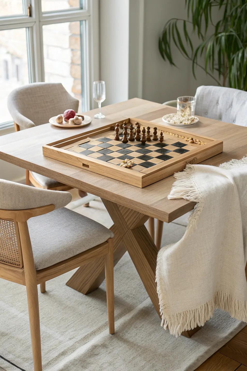 Removable checkerboard insert turns your breakroom table into a calm, craft-forward game hub.