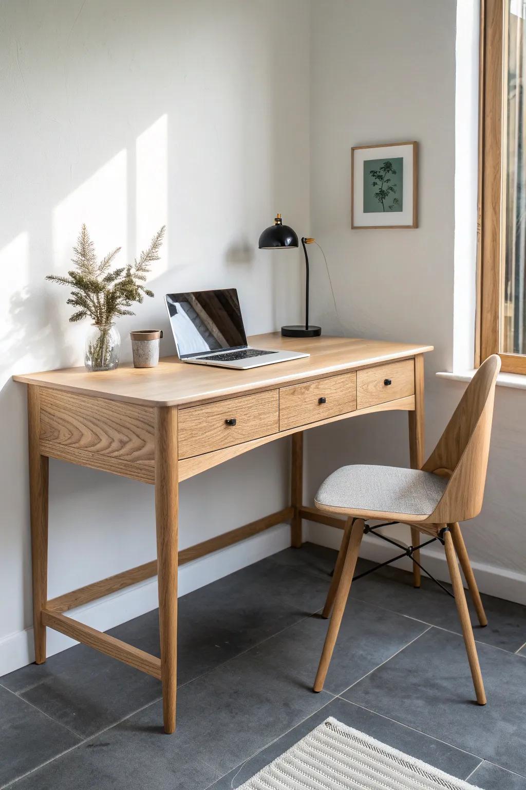 Curved corner desktop in warm oak—softens the room and feels custom without extra space.
