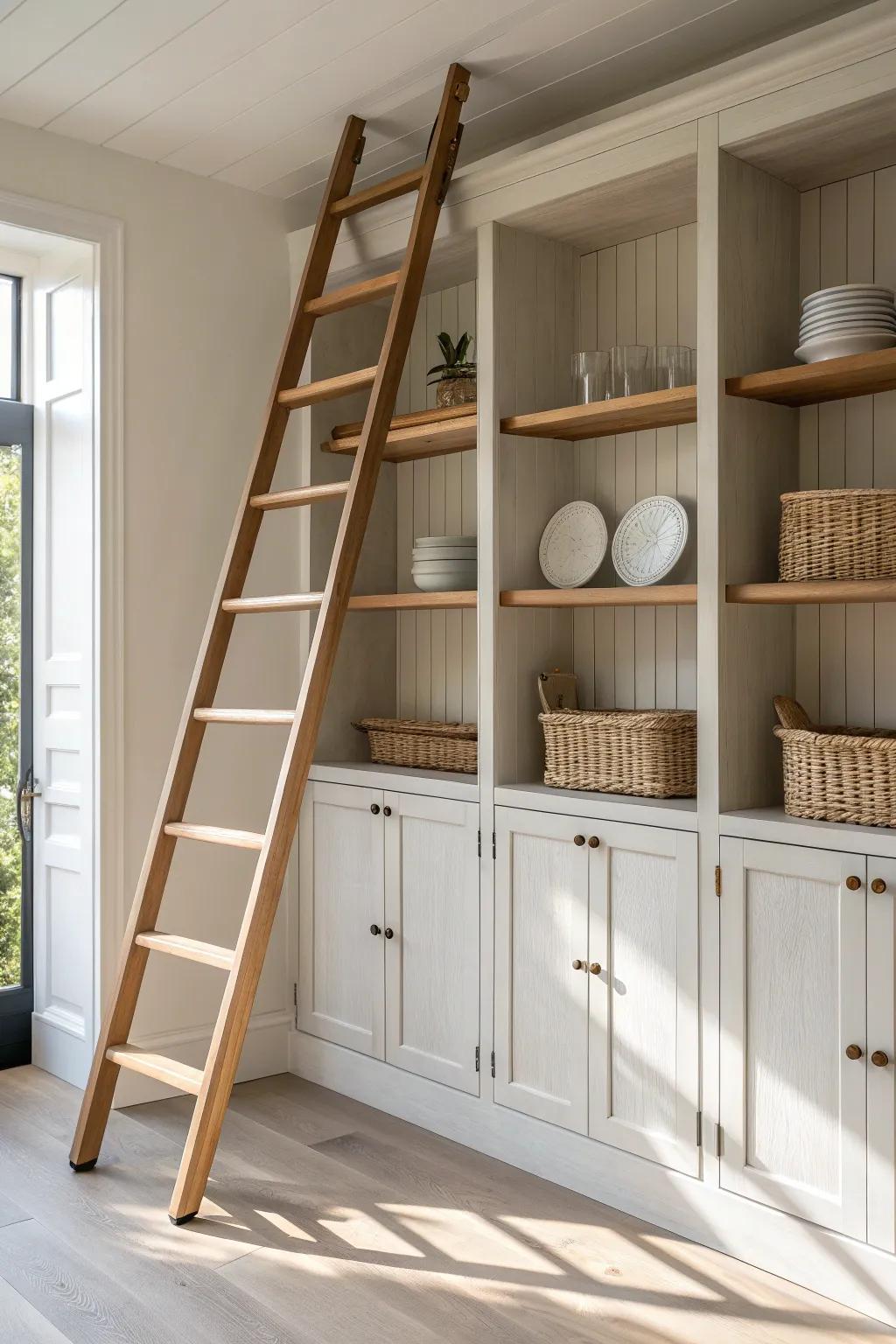 A slim ladder rail turns tall hutch shelves into beautiful, easy-to-reach storage.