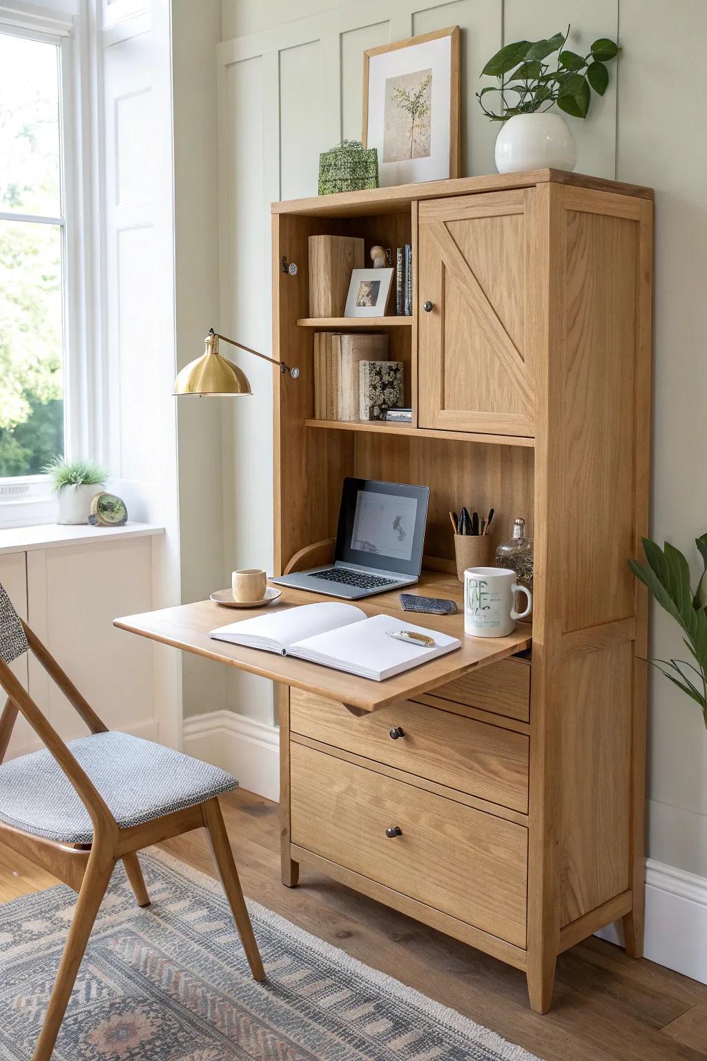 A space-saving flip-down desk that vanishes into a sleek wall cabinet—perfect for bungalows.