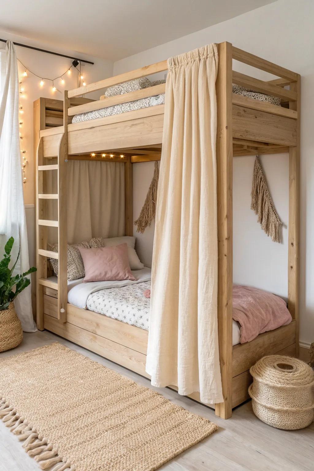 A secret under-bunk fort with linen curtain, warm twinkle lights, and a plush floor cushion.