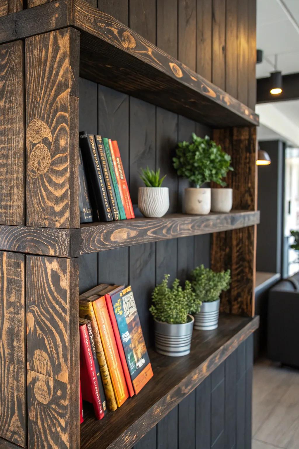 Elevate your space with the rustic elegance of burnt wood shelves.