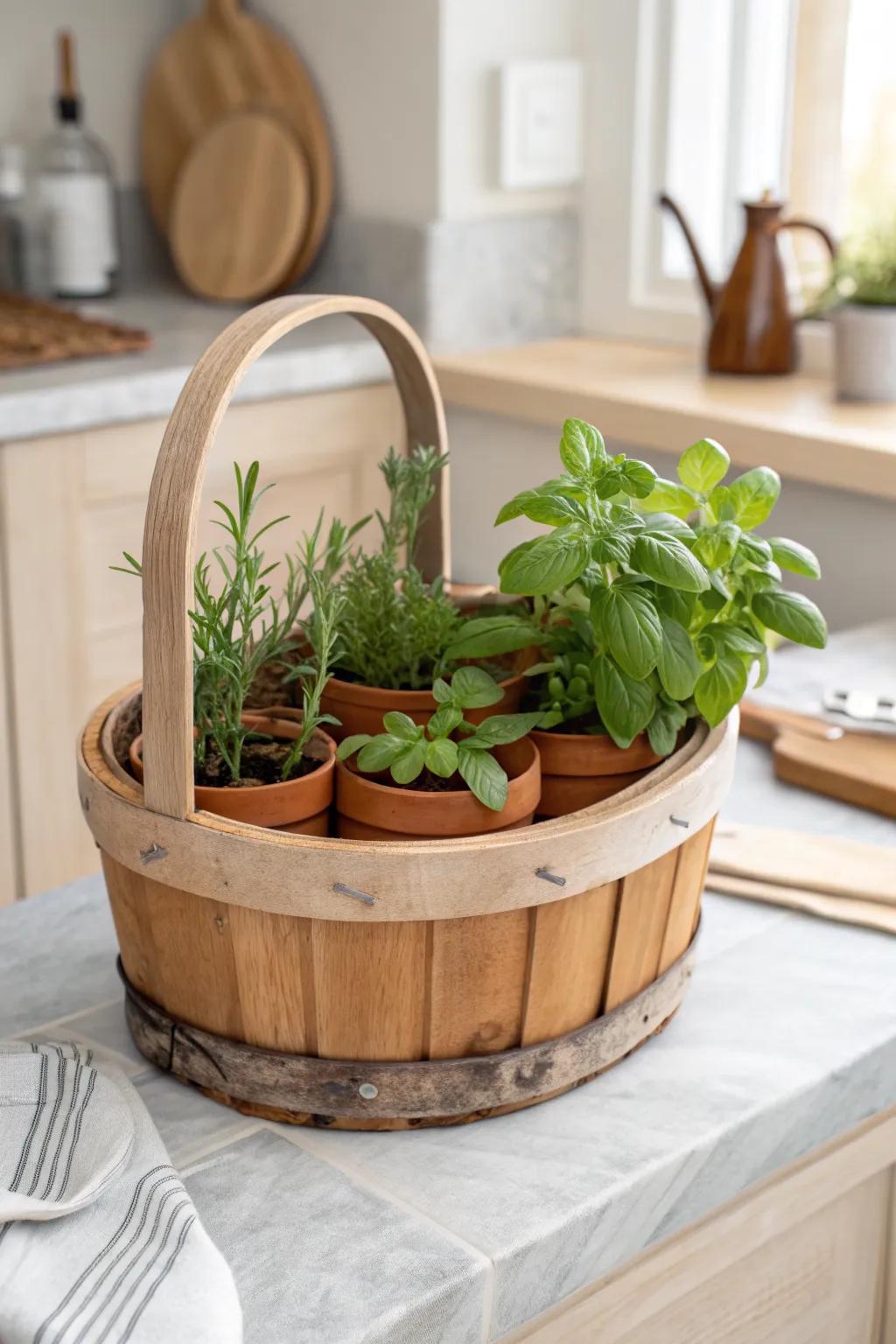 A bushel basket mini herb garden—warm wood and vibrant greens for a fresh, simple kitchen look.