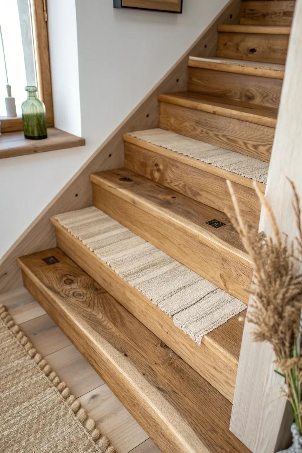 Smoky resin inlays turn knots and cracks into a bold, intentional detail for cabin stairs.