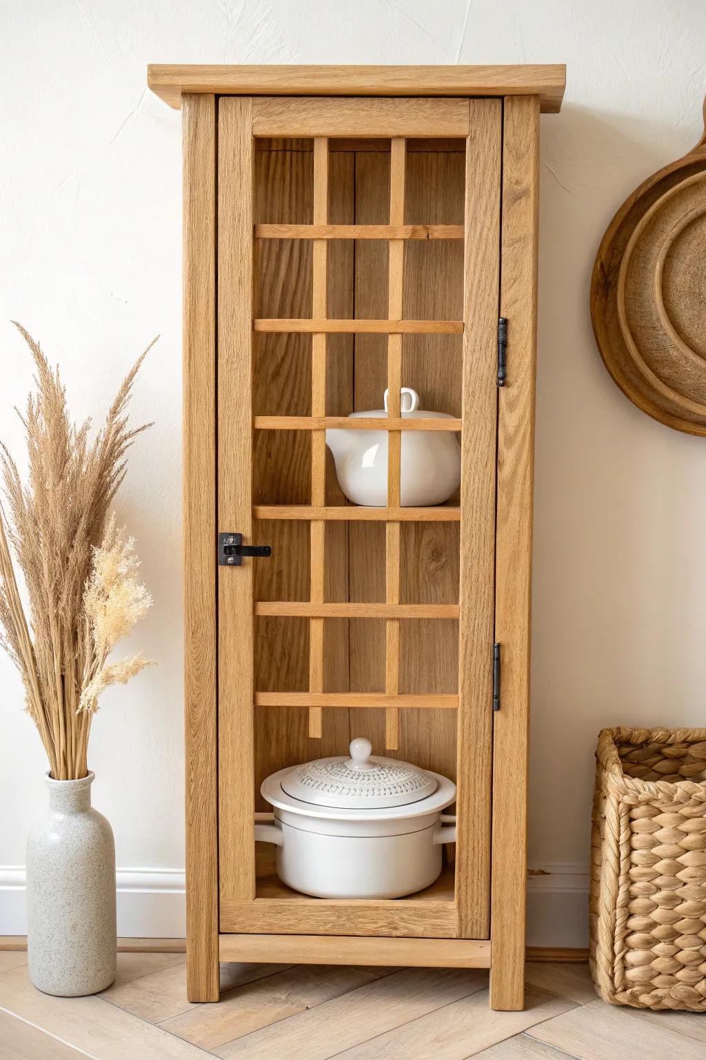 A slim oak lattice grid turns a clanging pot lid into calm, intentional cabinet-door storage.