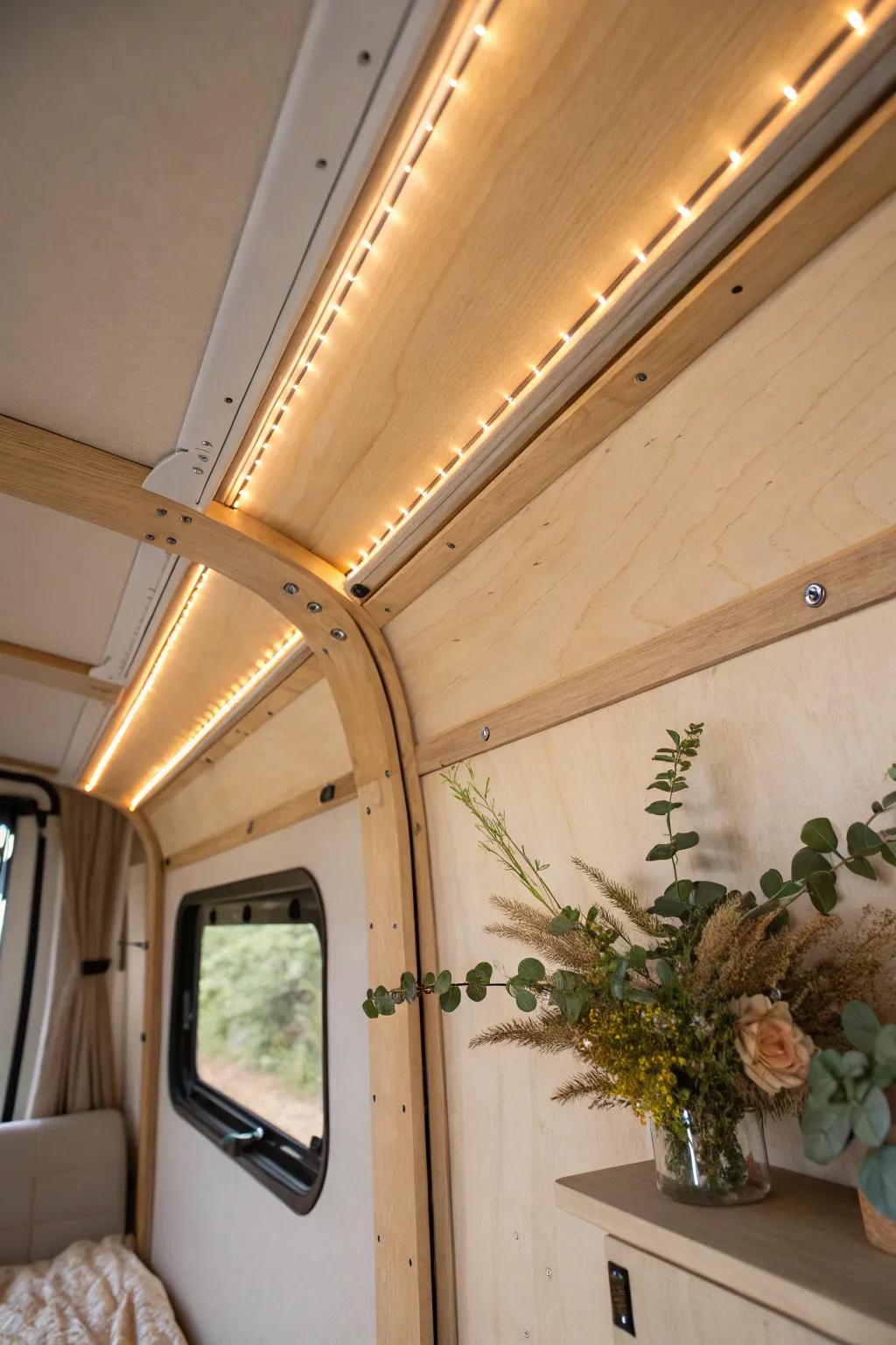 Birch ceiling panel with a glowing resin inlay line—ambient light that turns your van ceiling into art.