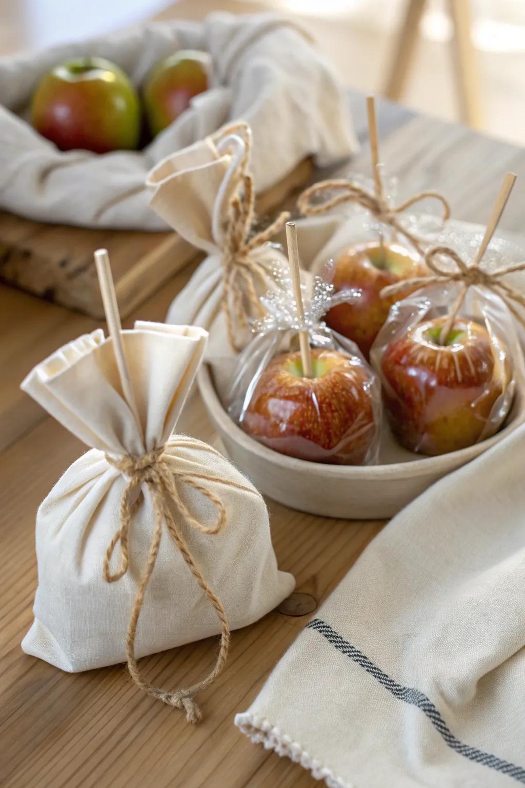 Elevate your gifting with a chic, eco-friendly twist—caramel apples in a reusable linen bag!