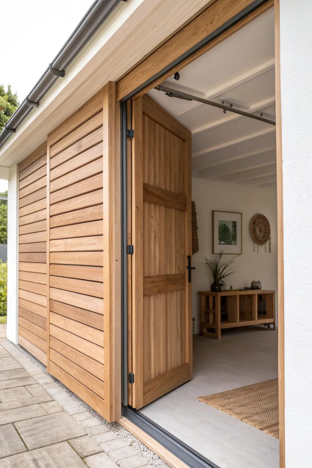 A fold-down carport door that becomes a workbench—minimal, warm wood, and brilliantly practical.
