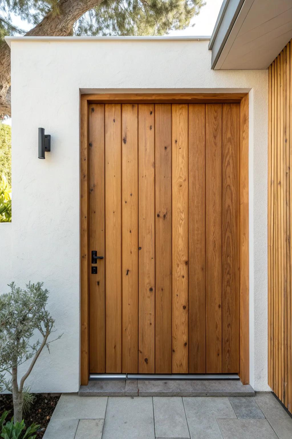 Seamless cedar planks conceal a push‑latch secret door—Scandi minimalism with warm boho glow.